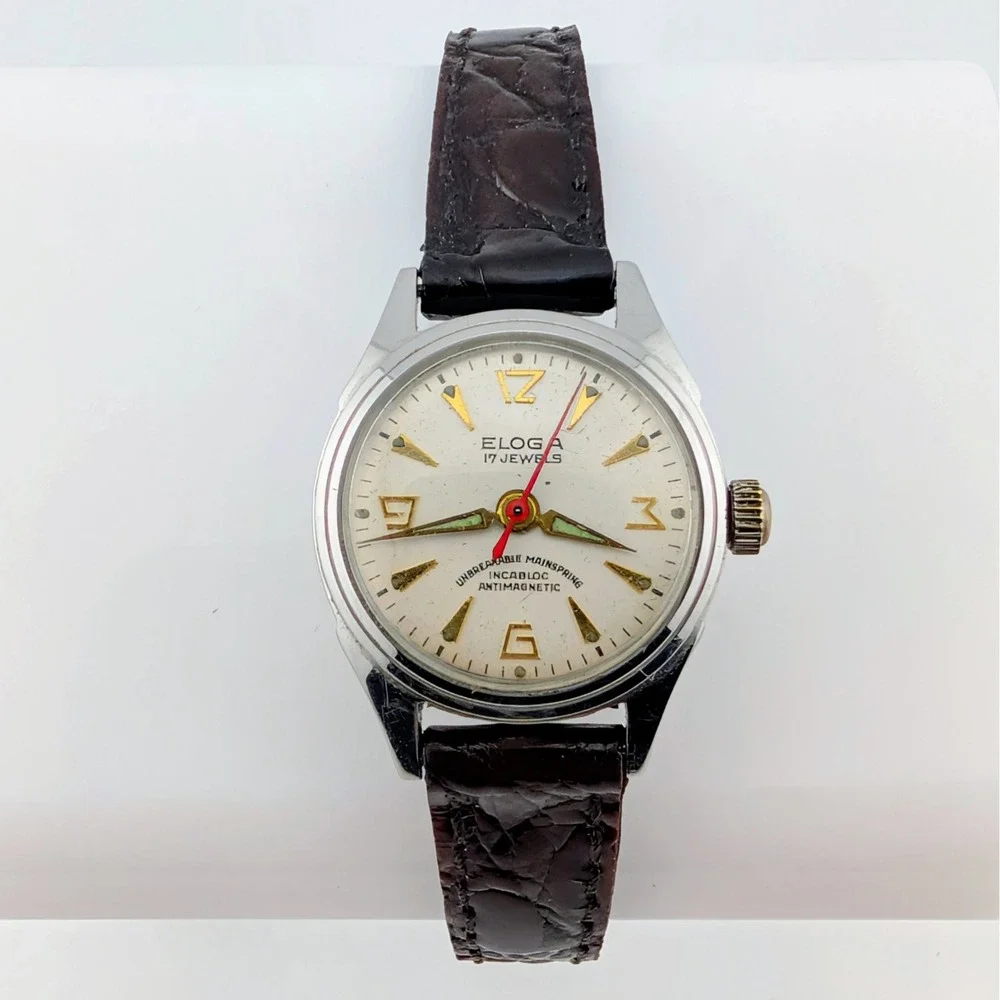 Vintage 1950s Eloga 17 Jewel Swiss Manual Wind Watch Incabloc Antimagnetic Lume